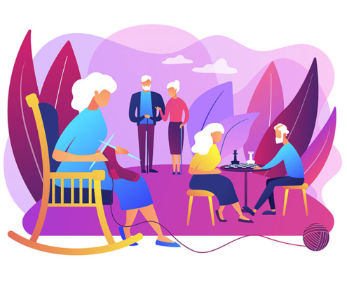 gezeichnetes Bild zum Thema Wohnen im Alter: Senioren sitzen im Garten an Tischen oder nähen im Schaukelstuhl.
