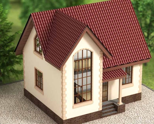 Ein Hausmodell mit gepflasterter Grundfläche, Wiese und Modellbäumen | Notverkauf