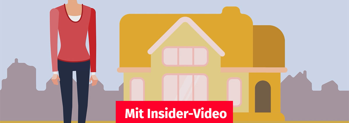 Illustration, Eine Immobilienverkäuferin steht vor einem Haus, im Hintergrund sieht man die Silhoutte einer Stadt, im Vordergrund ist ein Button "Mit Insider-Video" | Energieausweis