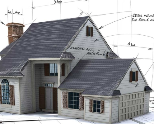 Zeichnung eines Einfamilienhauses mit grauem Dach und Garage mit Notizen - Bauflation