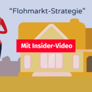 Illustration: eine Frau und ein Mann stehen vor einem Haus und überlegen, zu welchem Preis sie ihre Immobilie anbieten, am oberen Rand steht "Flohmarkt-Strategie" und in der Mitte befindet sich ein Button auf dem "Mit Insider-Video" steht | Angebotspreis Preisstrategie