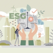 Collage aus Gebäuden, Händen und Wolken mit den Buchstaben ESG - ESG für Immobilienbesitzer