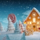 Collage aus Weihnachtsdorf mit Schnee und Zuckerstangen - Weihnachtsgrüße