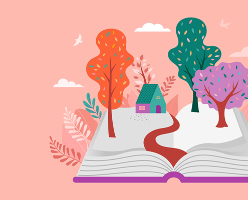 Zeichnung: Buch aus dem Bäume springen. Der Hintergrund ist rosafarben.