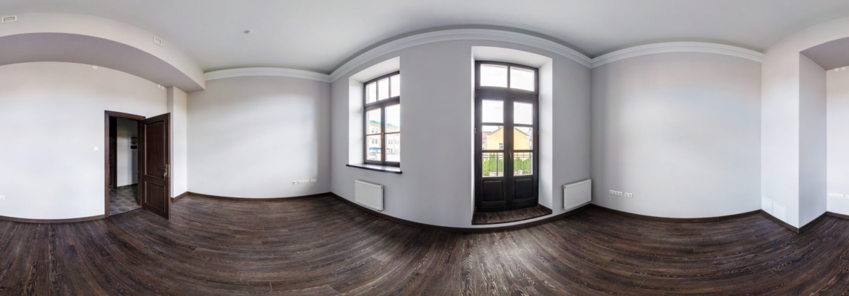 360 Grad Bild eines Zimmers mit dunklem Boden und weißen Wänden - 360 Grad Tour
