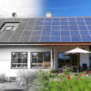 Einfamilienhaus mit Garten, auf der linken Seite ist das Foto schwarz weiss, auf der rechten Seite ist das Foto farbig. Das Dach hat ein Solardach | Immobilienkauf