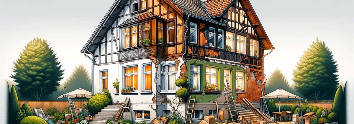 Ein altes Haus in einem Dorf in Deutschland, mit kaputter Fassade, die saniert wird | Immobilienbewertung
