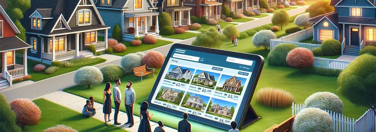 In einer Welt voll bunter Einfamilienhäuser stehen potenzielle Immobilienkäufer vor einem Tablett und suchen nach dem schönsten Haus