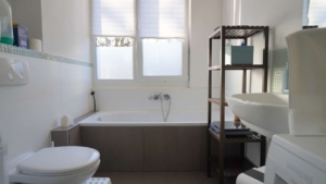 Das Bad verfügt über Wanne,....