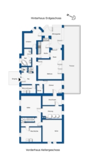 Grundriss Vorderhaus Kellergeschoss und Hinterhaus Erdgeschoss